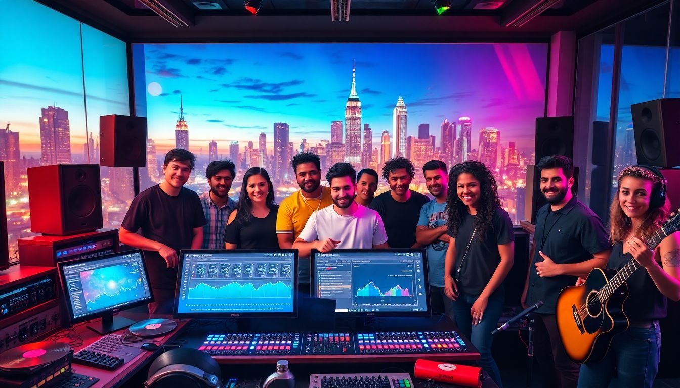 Laptop screen displaying music distribution dashboards with streaming platform logos, representing top free distribution services for independent artists in 2025.