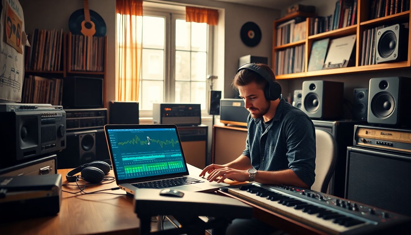 Independent artist using a laptop to distribute music online through free platforms like Spotify, Apple Music, and YouTube.