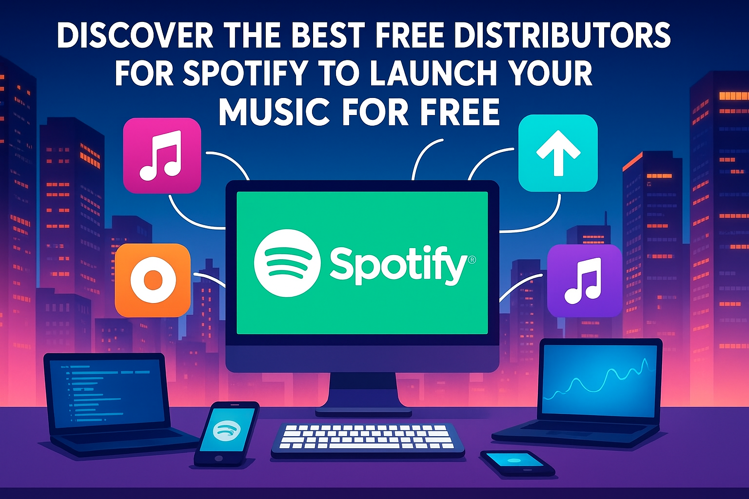 Illustration of a digital desktop setup with the Spotify logo on a central screen, surrounded by colorful music distributor icons, representing free platforms to launch music on Spotify, set against a vibrant city skyline background.