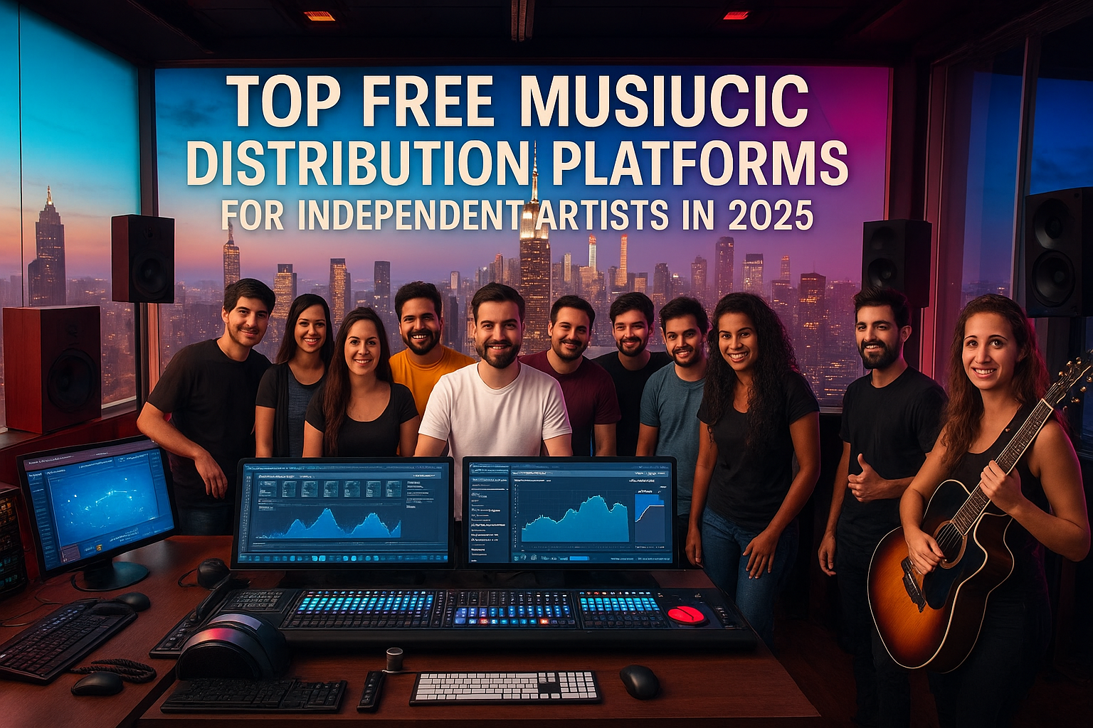 A group of diverse independent musicians smiling in a modern recording studio with a vibrant city skyline in the background. Audio production equipment and sound wave monitors fill the foreground. Overhead text reads: "Top Free Music Distribution Platforms for Independent Artists in 2025."