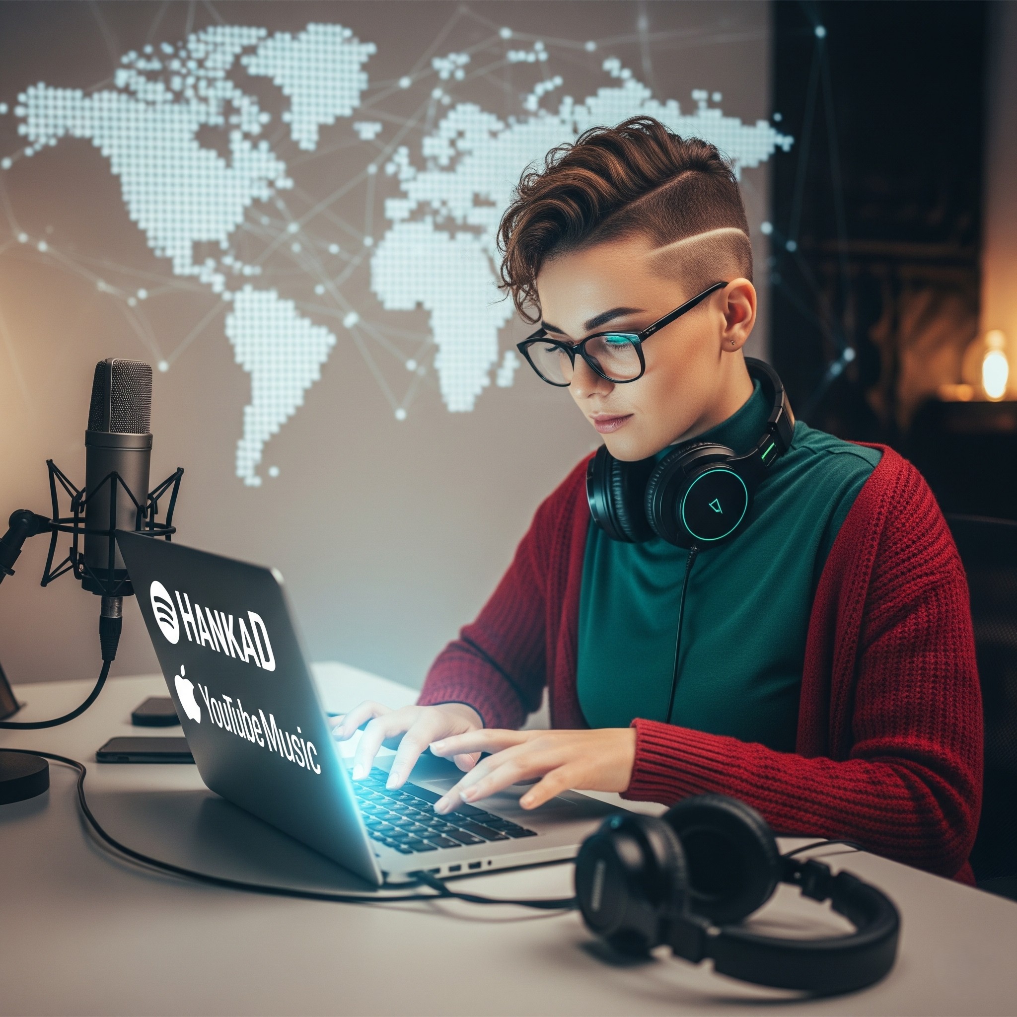 Independent music artist with short hair and glasses working on a laptop displaying 'Hankad' and streaming service logos like Spotify and Apple Music, with a world map behind them.