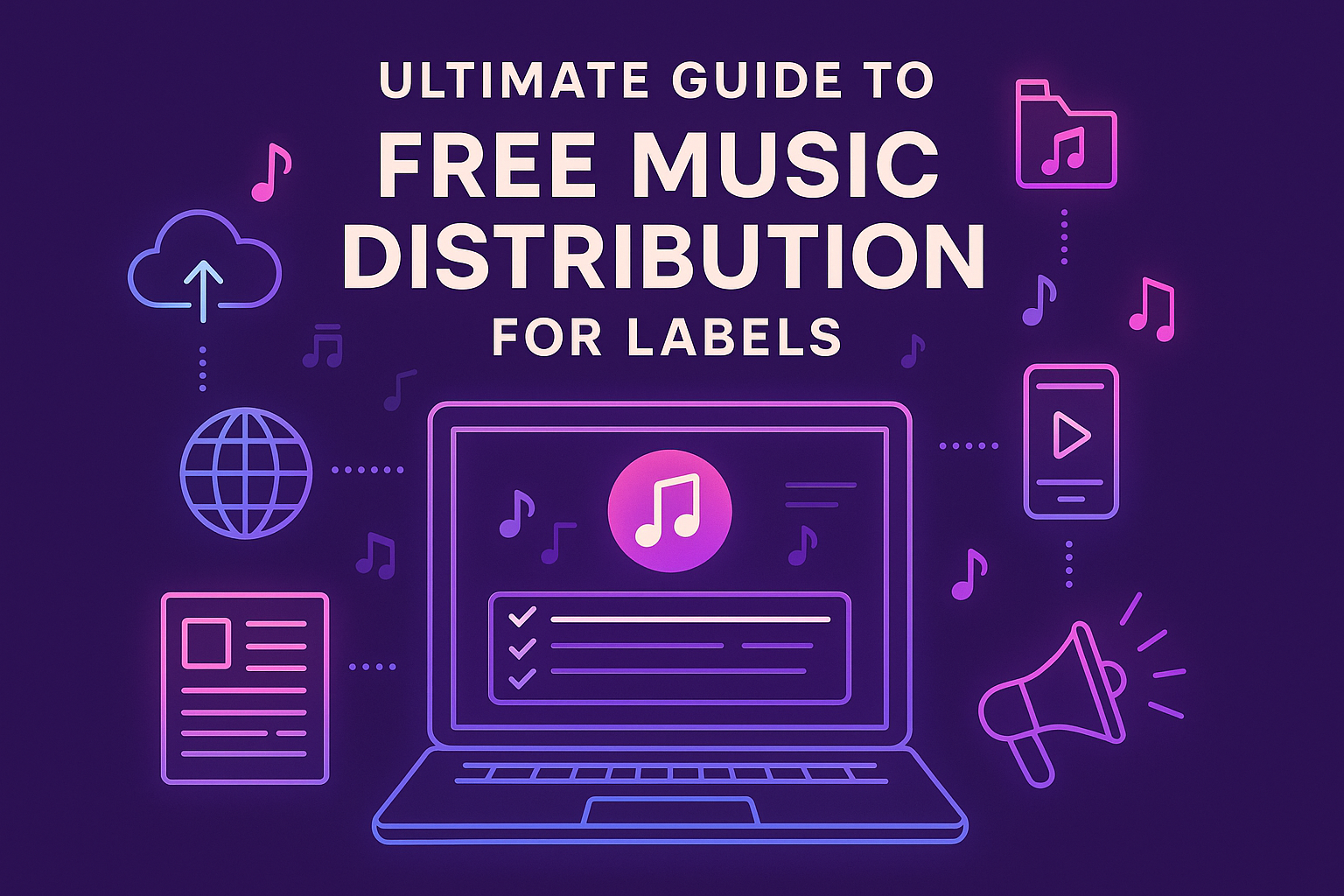 Illustration of a digital laptop surrounded by neon icons representing music distribution elements like a cloud upload, globe, smartphone, music notes, and a megaphone, with the title "Ultimate Guide to Free Music Distribution for Labels" on a dark purple background.