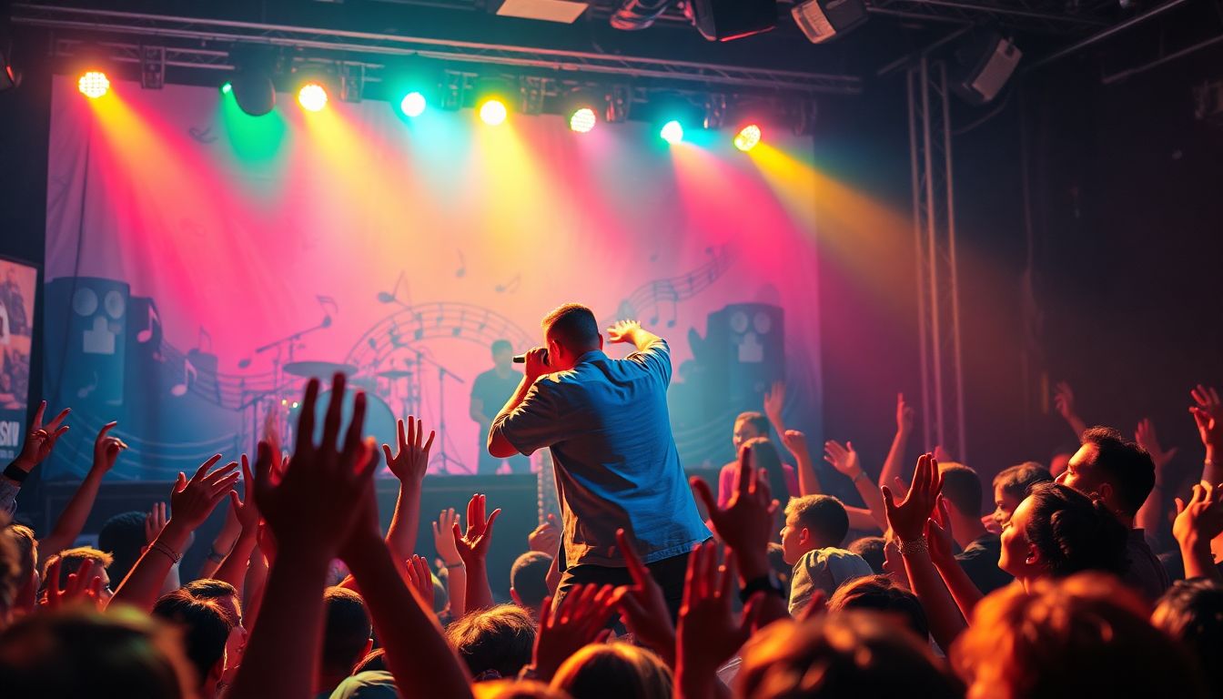 Unsigned artist performing on stage with a vibrant crowd, symbolizing independent music promotion success.