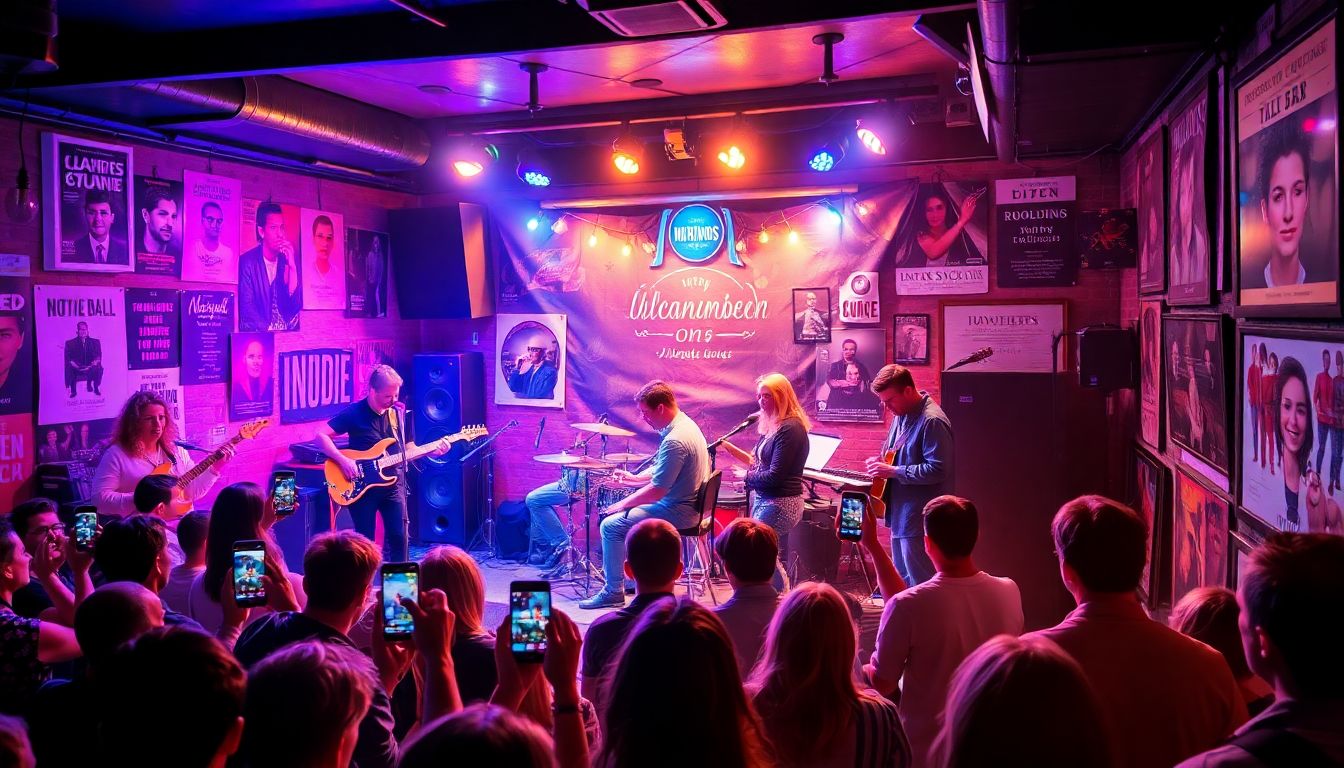 A young indie musician performing live on stage with a guitar, colorful lights in the background, and a passionate crowd enjoying the performance.