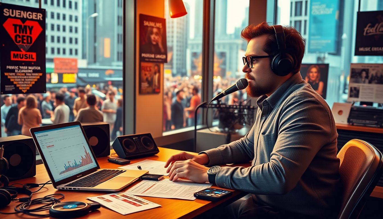 Independent music manager discussing career strategy with a musician in a studio setting.