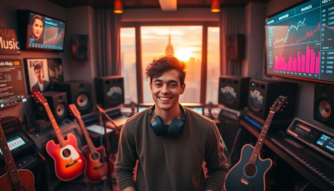 An independent artist reviewing music sheets and royalty documents in a home studio, representing music publishing control.